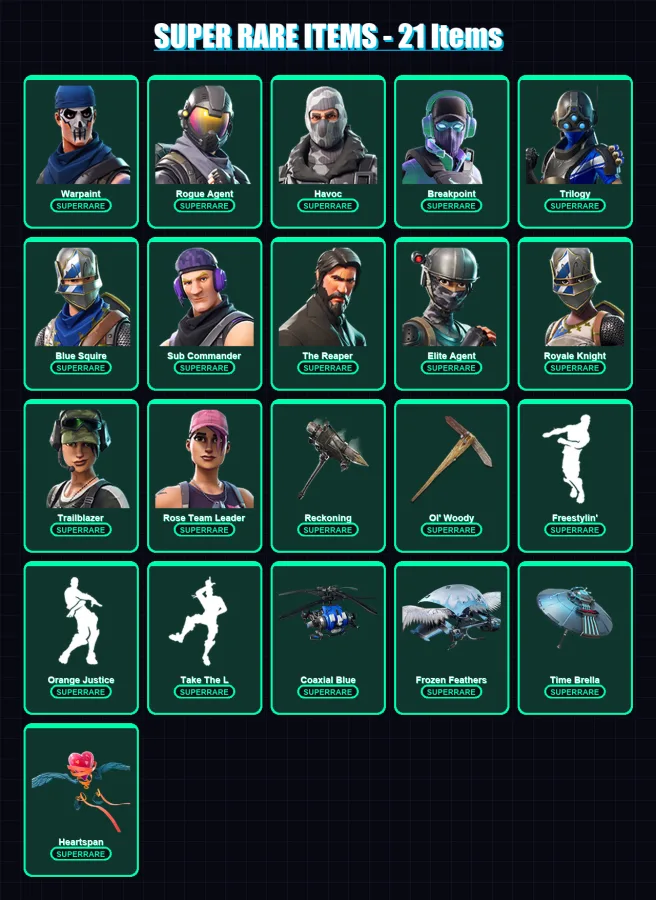 [PC] | Warpaint | Rogue Agent | Havoc | Breakpoint | Trilogy | 169 skin | 161 pickaxe | 128 emote | 145 glider | Lv2010