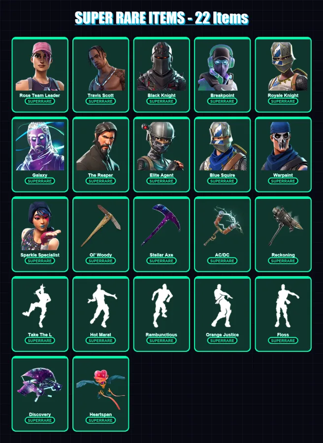 [PC/XBOX/PSN] | Rose Team Leader | Travis Scott | Black Knight | Breakpoint | Royale Knight | 185 skin | 146 pickaxe | 159 emote | 135 glider | Lv19