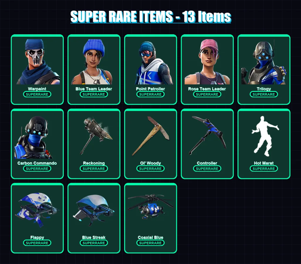 [PC/XBOX/PSN] | Warpaint | Blue Team Leader | Point Patroller | Rose Team Leader | Trilogy | 72 skin | 71 pickaxe | 71 emote | 77 glider | Lv962