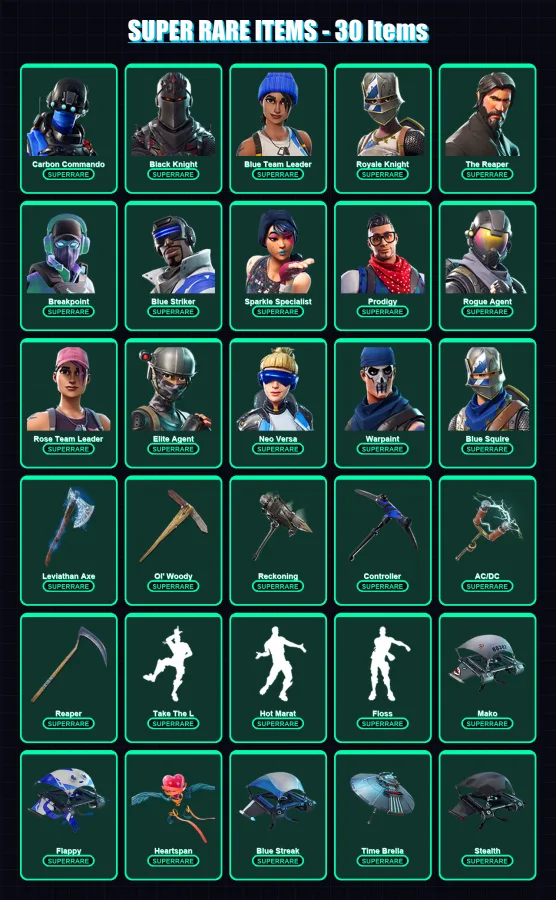 [PC/XBOX] | Carbon Commando | Black Knight | Blue Team Leader | Royale Knight | The Reaper | 124 skin | 129 pickaxe | 130 emote | 126 glider | Lv184