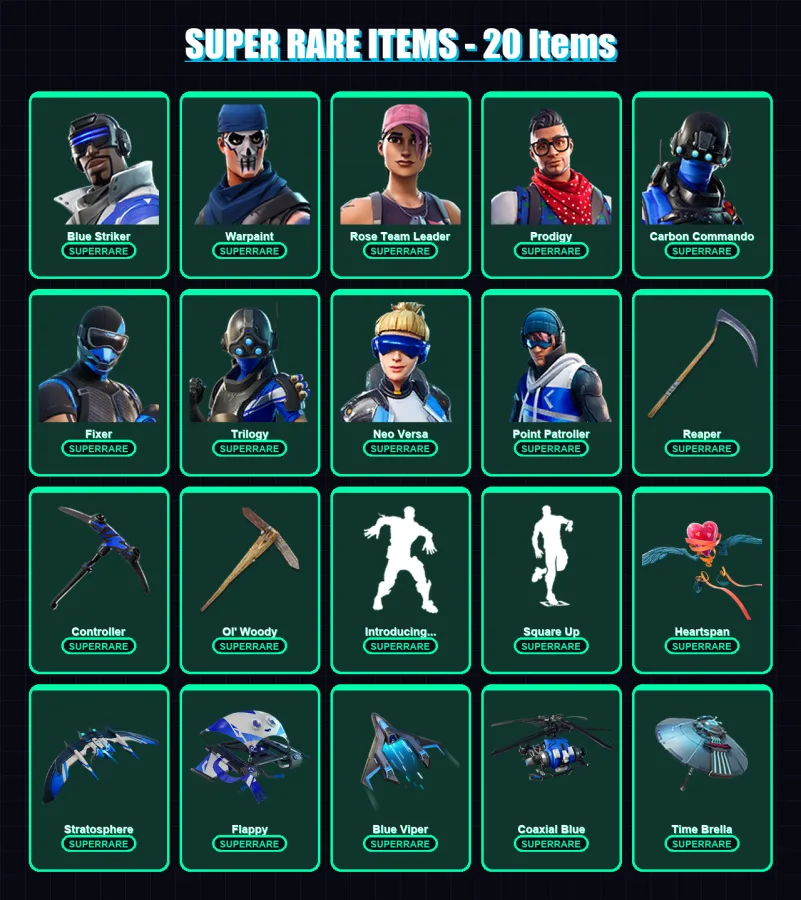 [PS4/PS5/PC] | Blue Striker | Warpaint | Rose Team Leader | Prodigy | Carbon Commando | 125 skin | 129 pickaxe | 151 emote | 113 glider | Lv1394 — Fortnite account