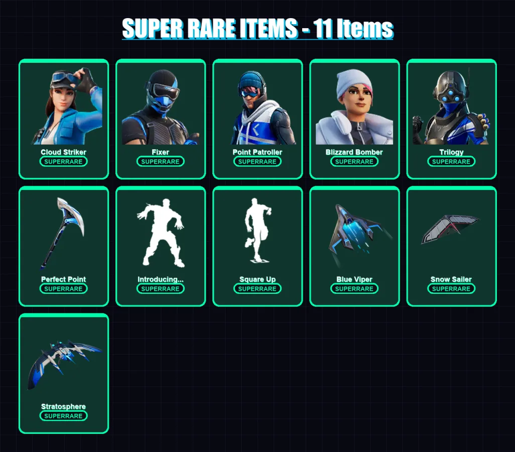 [PS4/PS5/PC] | Cloud Striker | Fixer | Point Patroller | Blizzard Bomber | Trilogy | 11 skin | 26 pickaxe | 23 emote | 28 glider | Lv387