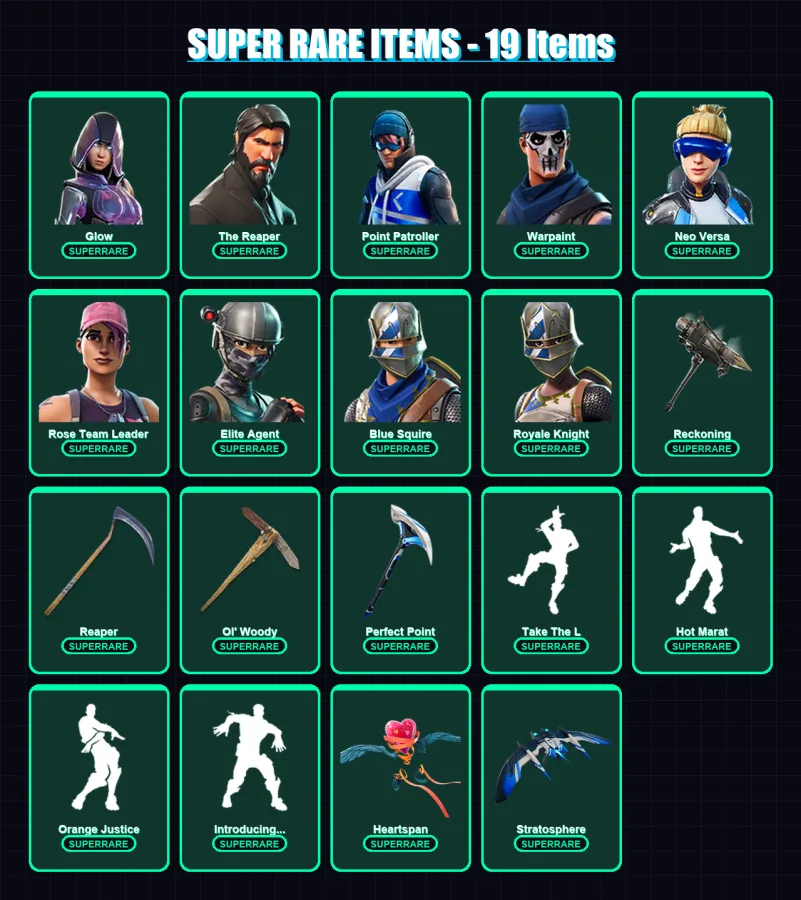 [PS4/PS5/XBOX/PC] | Glow | The Reaper | Point Patroller | Warpaint | Neo Versa | 143 skin | 110 pickaxe | 99 emote | 103 glider | Lv1549