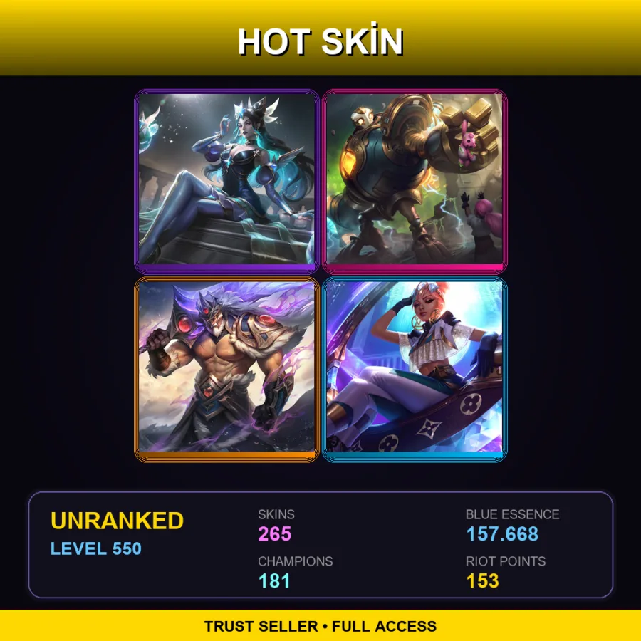 EUW | Lv550 | Unranked | 265 Skin | 181 Champ — LoL account