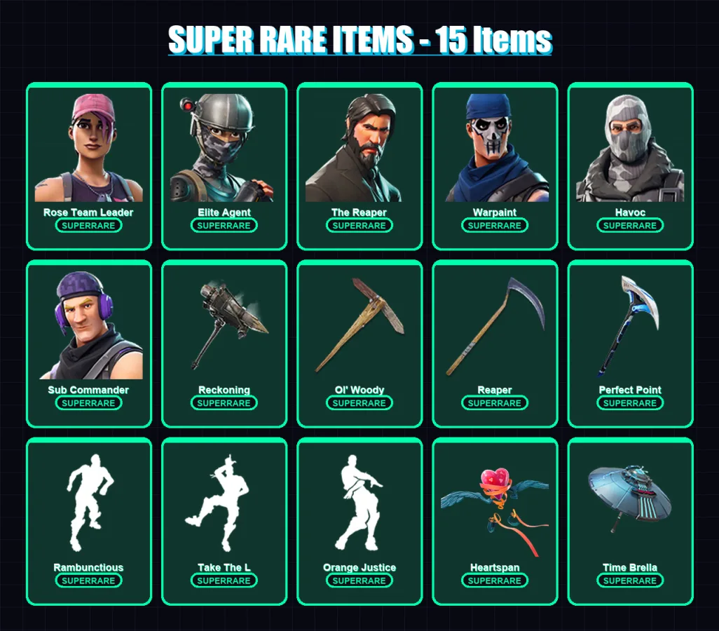 [PC/XBOX/PSN] | Rose Team Leader | Elite Agent | The Reaper | Warpaint | Havoc | 78 skin | 86 pickaxe | 81 emote | 81 glider | Lv1155