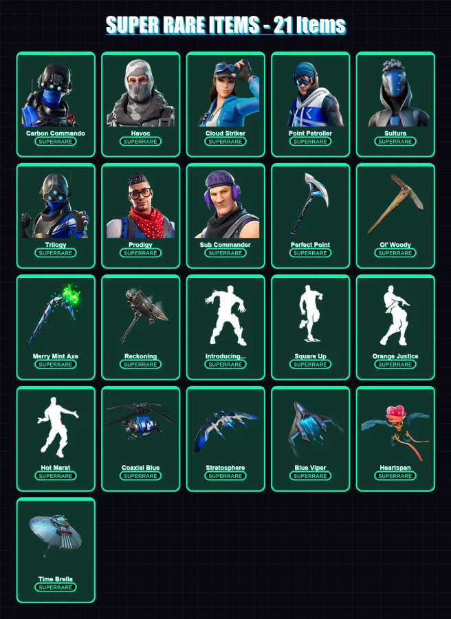 [PS4/PS5/XBOX/PC] | Carbon Commando | Havoc | Cloud Striker | Point Patroller | Sultura | 182 skin | 200 pickaxe | 155 emote | 178 glider | Lv2113 — Fortnite account