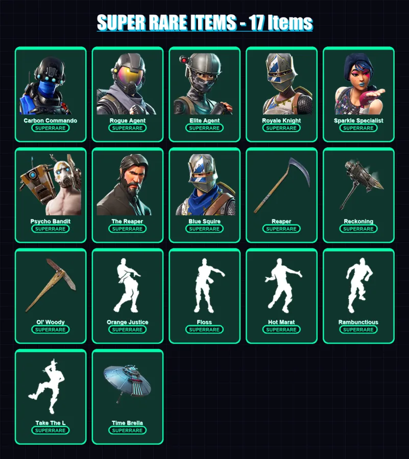 [PC] | Carbon Commando | Rogue Agent | Elite Agent | Royale Knight | Sparkle Specialist | 145 skin | 65 pickaxe | 112 emote | 58 glider | Lv653