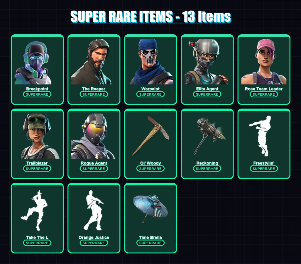 [PS4/PS5/XBOX/PC] | Breakpoint | The Reaper | Warpaint | Elite Agent | Rose Team Leader | 121 skin | 46 pickaxe | 61 emote | 62 glider | Lv488