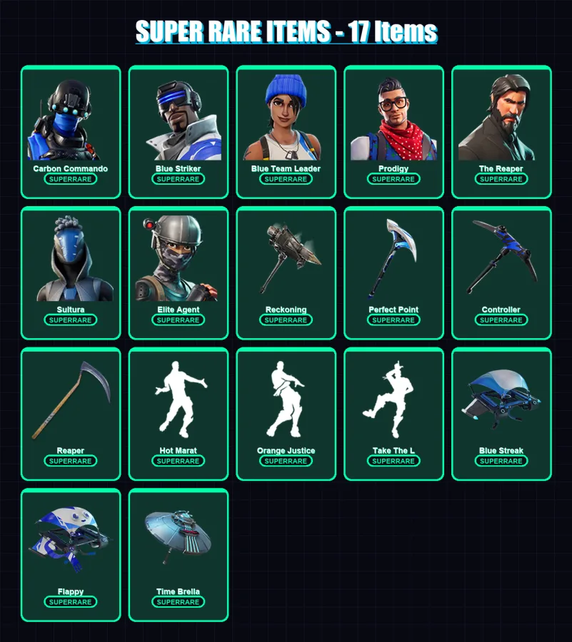 [PS4/PS5/XBOX/PC] | Carbon Commando | Blue Striker | Blue Team Leader | Prodigy | The Reaper | 95 skin | 113 pickaxe | 104 emote | 108 glider | Lv15