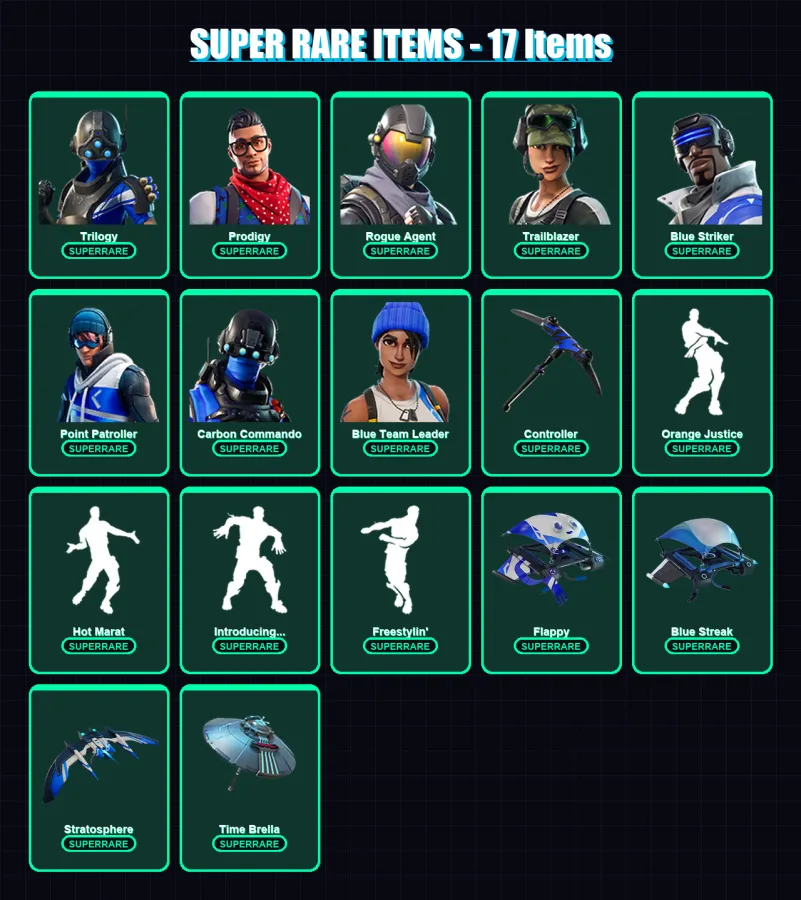 [PC/XBOX/PSN] | Trilogy | Prodigy | Rogue Agent | Trailblazer | Blue Striker | 40 skin | 48 pickaxe | 52 emote | 49 glider | Lv763