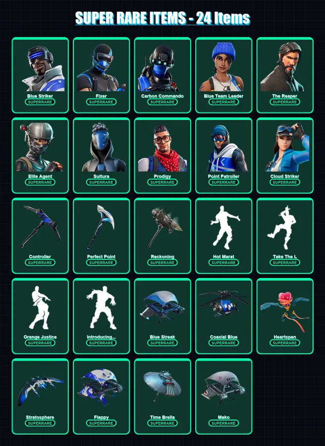 [PS4/PS5/PC] | Blue Striker | Fixer | Carbon Commando | Blue Team Leader | The Reaper | 85 skin | 71 pickaxe | 80 emote | 91 glider | Lv959 — Fortnite account