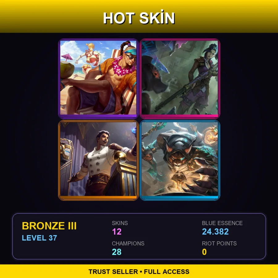 LAS | Pool Party Lee Sin | Arcane Enforcer Caitlyn | Arcane Inventor Jayce | Guardian of the Sands Rengar | 12 Skin | 28 Champ | Bronze III | Lv37