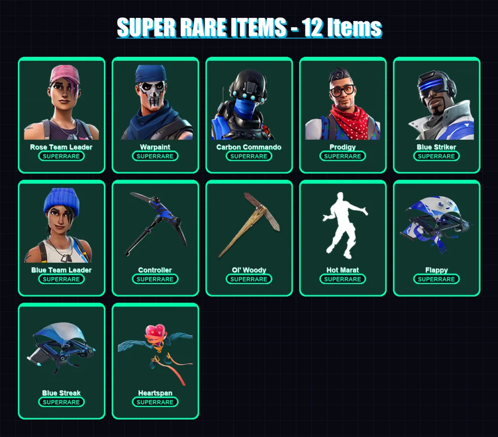 [PC/XBOX/PSN] | Rose Team Leader | Warpaint | Carbon Commando | Prodigy | Blue Striker | 21 skin | 28 pickaxe | 27 emote | 33 glider | Lv359