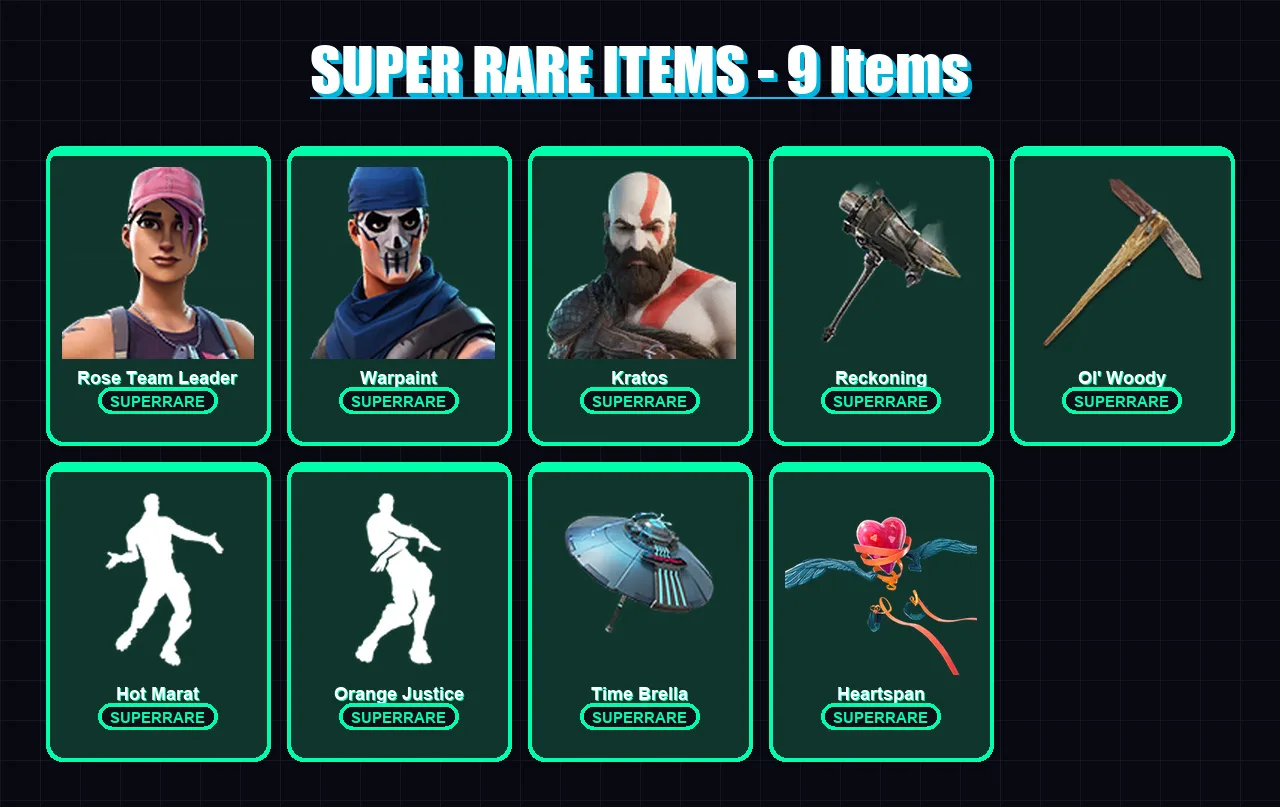 [PC/PSN] | Rose Team Leader | Warpaint | Kratos | Zeus | Midas | 249 skin | 262 pickaxe | 193 emote | 195 glider | Lv2432