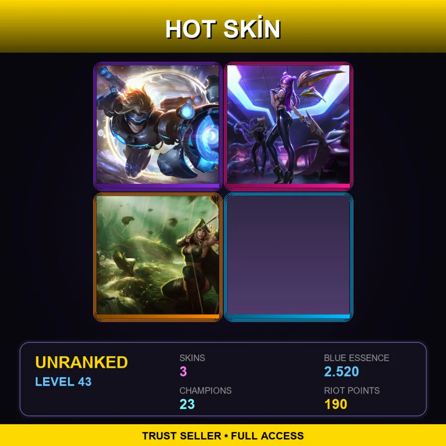 EUW | Lv43 | Unranked | 3 Skin | 23 Champ — LoL account