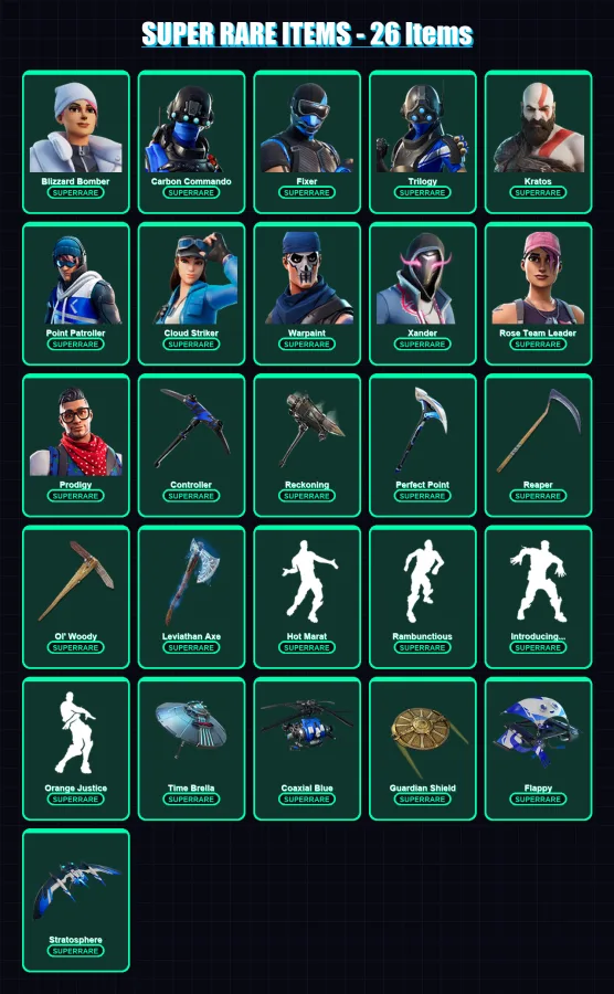 [PS4/PS5/XBOX/PC] | Blizzard Bomber | Carbon Commando | Fixer | Trilogy | Kratos | 220 skin | 172 pickaxe | 151 emote | 146 glider | Lv1786 — Fortnite account
