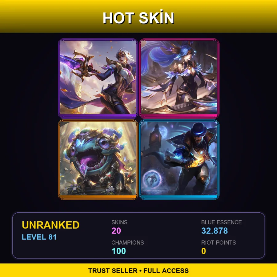 EUW | Lv81 | Unranked | 20 Skin | 100 Champ — LoL account