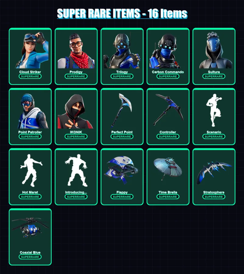 [PC/XBOX] | Cloud Striker | Prodigy | Trilogy | Carbon Commando | Sultura | 94 skin | 150 pickaxe | 138 emote | 156 glider | Lv2615