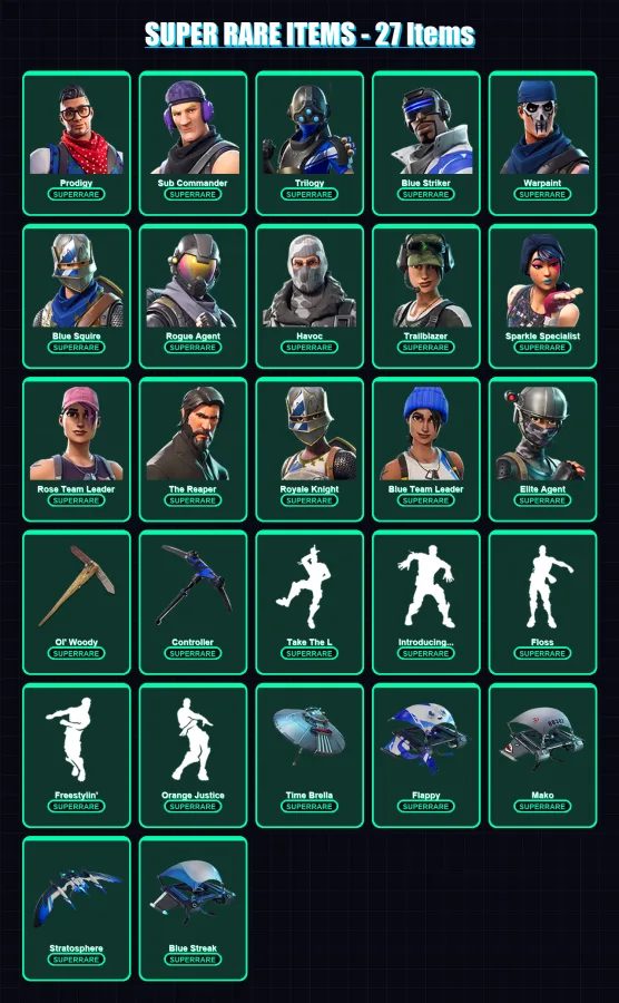 [PS4/PS5/XBOX/PC] | Prodigy | Sub Commander | Trilogy | Blue Striker | Warpaint | 74 skin | 55 pickaxe | 61 emote | 67 glider | Lv916