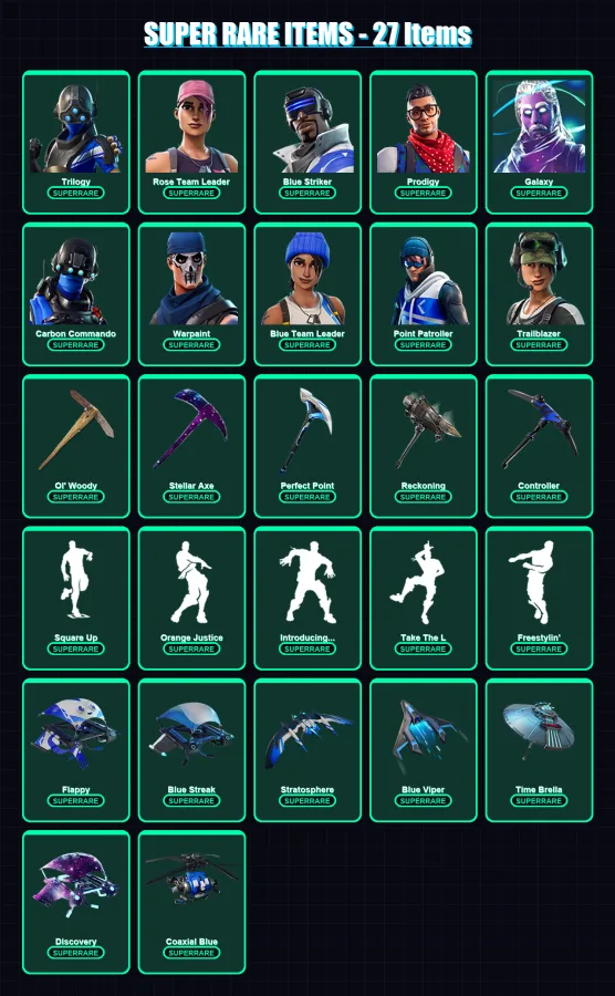[PC/XBOX/PSN] | Cobalt Snowfoot | Trilogy | Rose Team Leader | Blue Striker | Prodigy | 64 skin | 69 pickaxe | 85 emote | 69 glider | Lv749