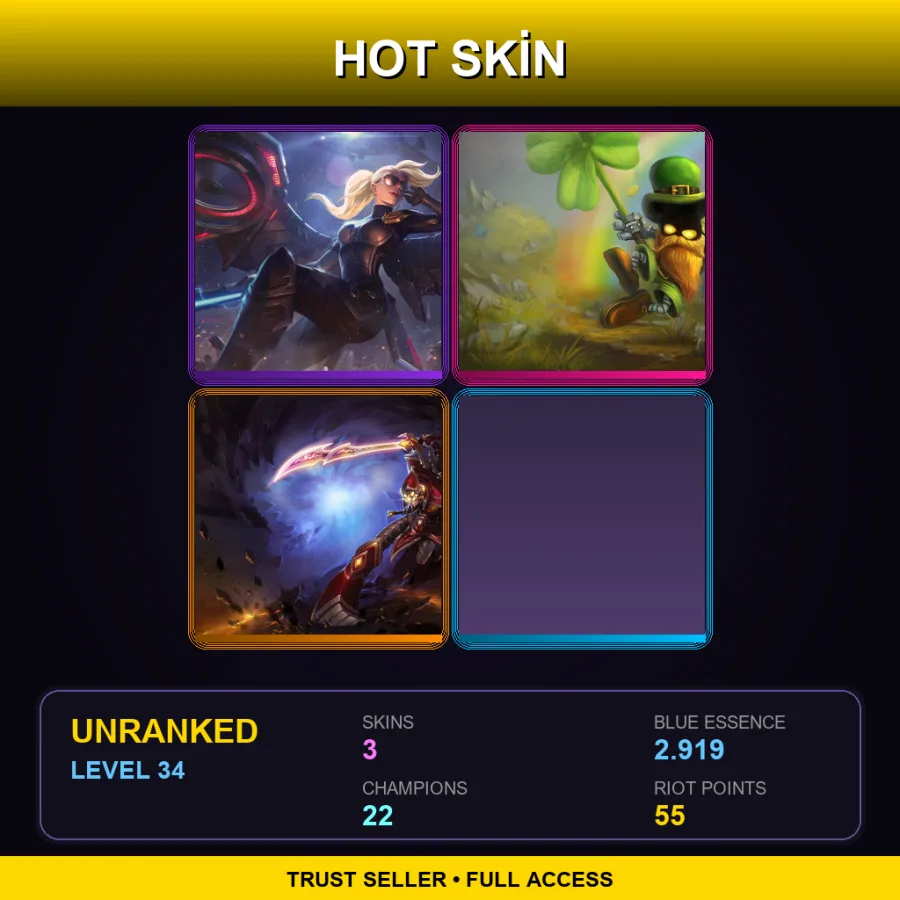 LAS | Lv34 | Unranked | 3 Skin | 22 Champ — LoL account