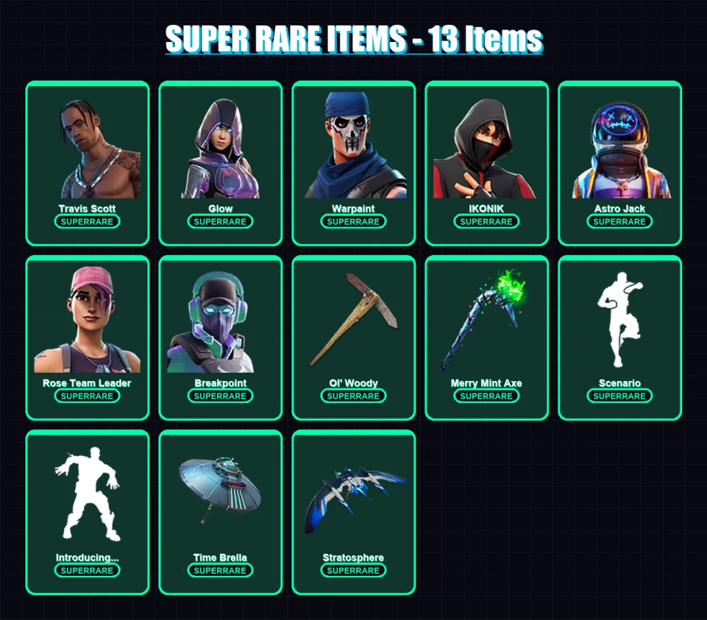 [PC/XBOX/PSN] | Travis Scott | Glow | Warpaint | IKONIK | Astro Jack | 228 skin | 262 pickaxe | 257 emote | 203 glider | Lv3761