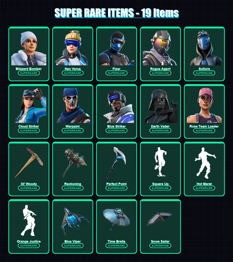 [PC] | Blizzard Bomber | Neo Versa | Fixer | Rogue Agent | Sultura | 219 skin | 255 pickaxe | 214 emote | 220 glider | Lv4108