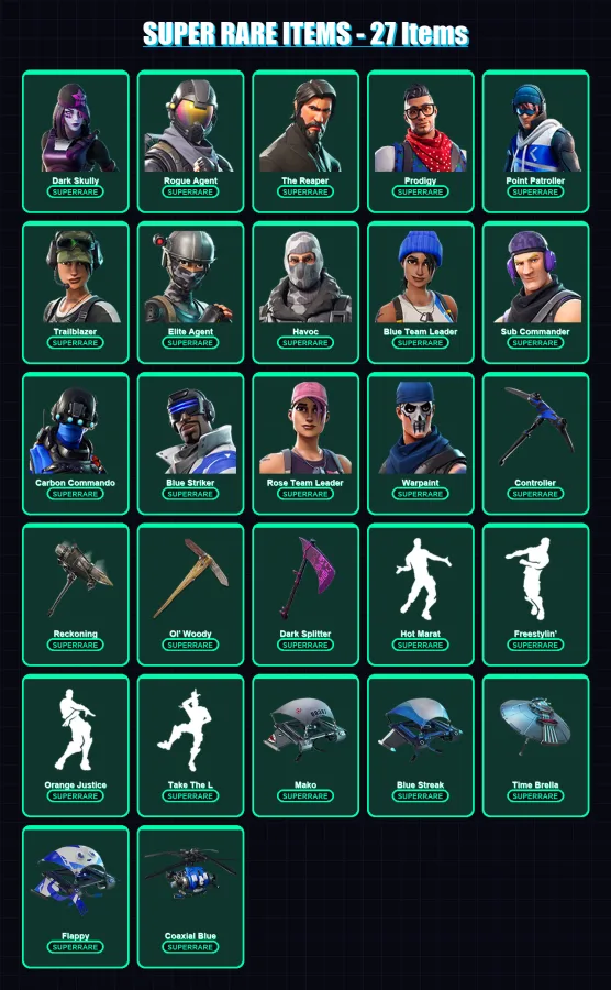 [PC] | Dark Skully | Rogue Agent | The Reaper | Prodigy | Point Patroller | 125 skin | 111 pickaxe | 99 emote | 106 glider | Lv1311
