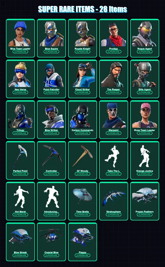 [PC/XBOX] | Blue Team Leader | Blue Squire | Royale Knight | Prodigy | Rogue Agent | 185 skin | 170 pickaxe | 136 emote | 152 glider | Lv2363