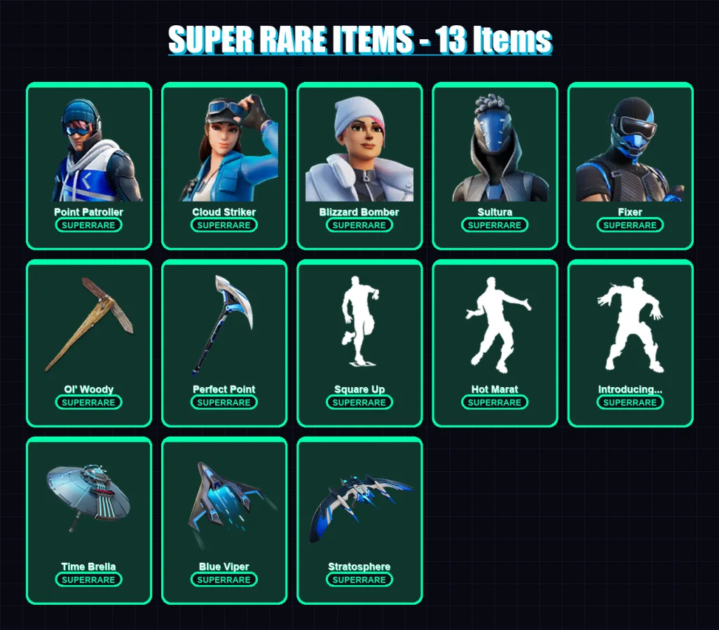 [PC] | Point Patroller | Cloud Striker | Blizzard Bomber | Sultura | Fixer | 188 skin | 202 pickaxe | 147 emote | 127 glider | Lv1745