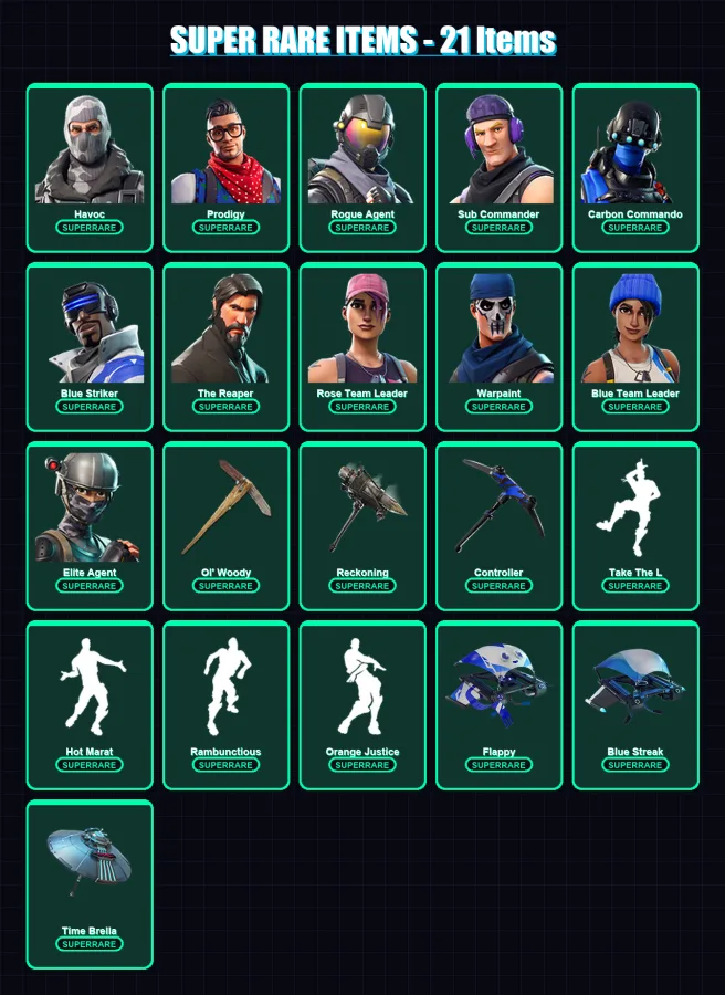 [PC/XBOX] | Havoc | Prodigy | Rogue Agent | Sub Commander | Carbon Commando | 63 skin | 59 pickaxe | 64 emote | 61 glider | Lv735