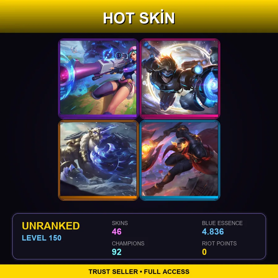 LAS | Arcade Caitlyn | Pulsefire Ezreal | Duality Dragon Volibear | Lunar Beast Darius | 46 Skin | 92 Champ | Lv150