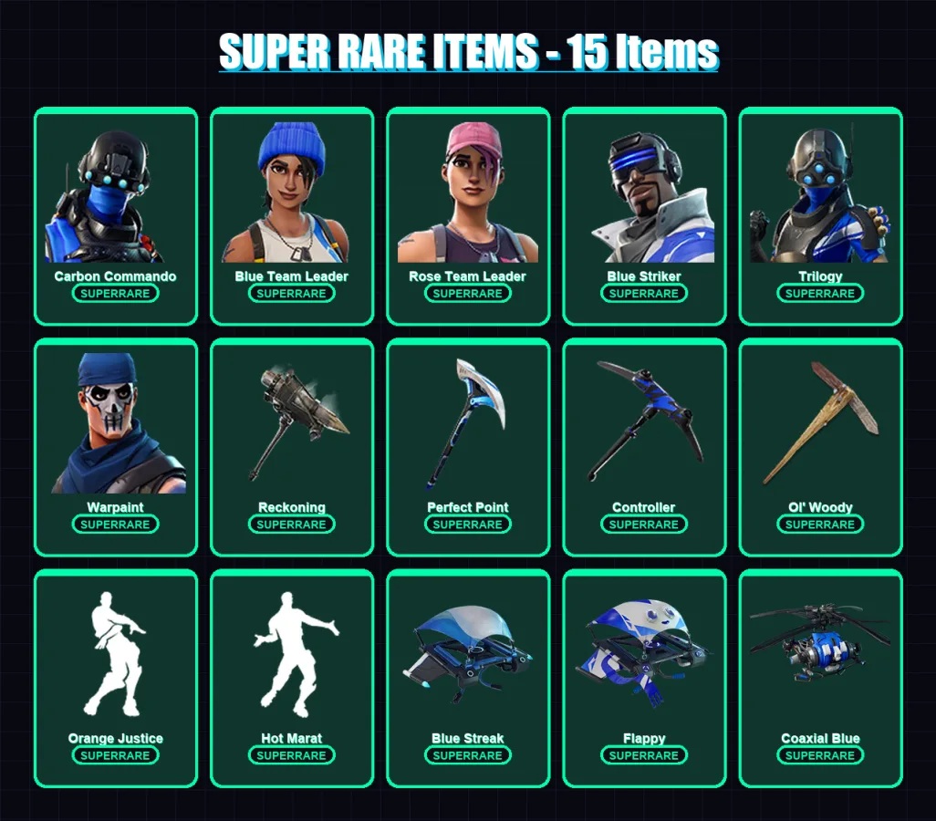 [PC/XBOX/PSN] | Carbon Commando | Blue Team Leader | Rose Team Leader | Blue Striker | Trilogy | 35 skin | 32 pickaxe | 42 emote | 39 glider | Lv587