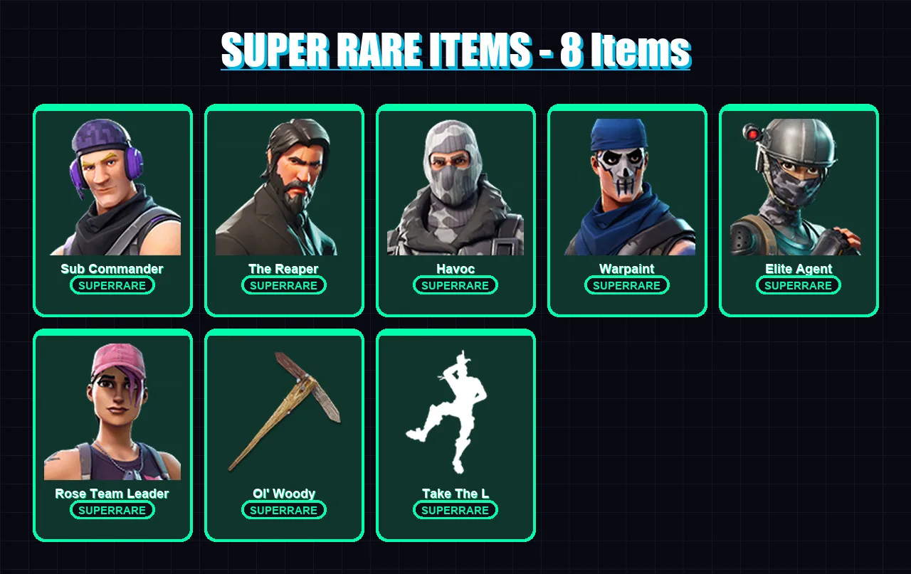 [PC/XBOX] | Sub Commander | The Reaper | Havoc | Warpaint | Elite Agent | 22 skin | 40 pickaxe | 28 emote | 31 glider | Lv420