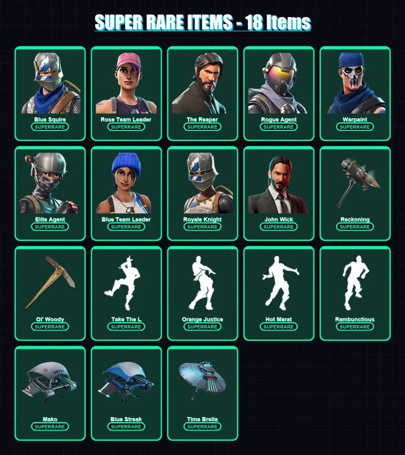 [PS4/PS5/XBOX/PC] | Blue Squire | Rose Team Leader | The Reaper | Rogue Agent | Warpaint | 71 skin | 49 pickaxe | 80 emote | 57 glider | Lv693