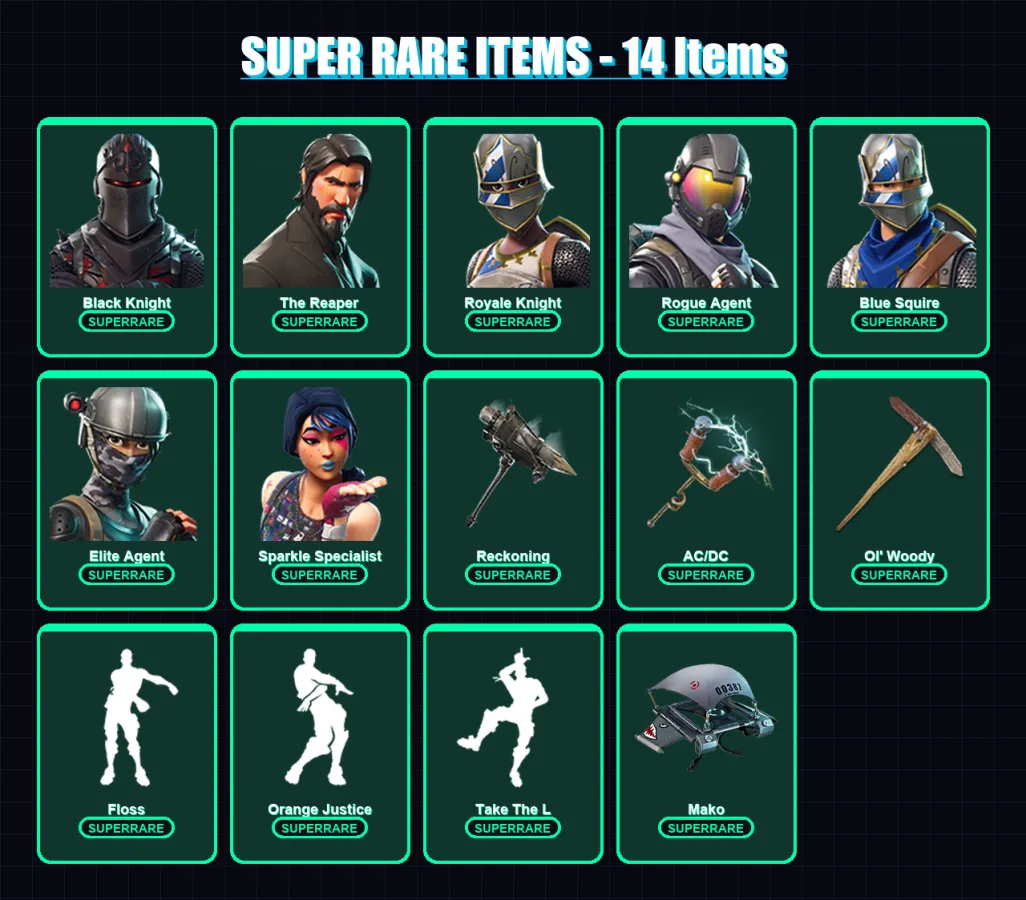 [PC/XBOX/PSN] | Black Knight | The Reaper | Royale Knight | Rogue Agent | Blue Squire | 37 skin | 37 pickaxe | 43 emote | 45 glider | Lv712