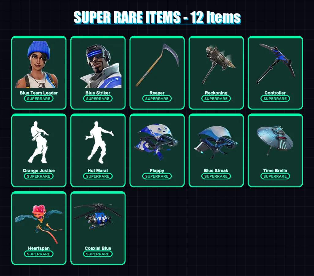 [PC] | Blue Team Leader | Blue Striker | Love Ranger | Valor | The Visitor | 56 skin | 41 pickaxe | 48 emote | 50 glider | Lv775