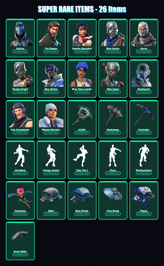 [PC/XBOX/PSN] | Sultura | The Reaper | Sparkle Specialist | Blue Squire | Havoc | 142 skin | 110 pickaxe | 105 emote | 105 glider | Lv1454