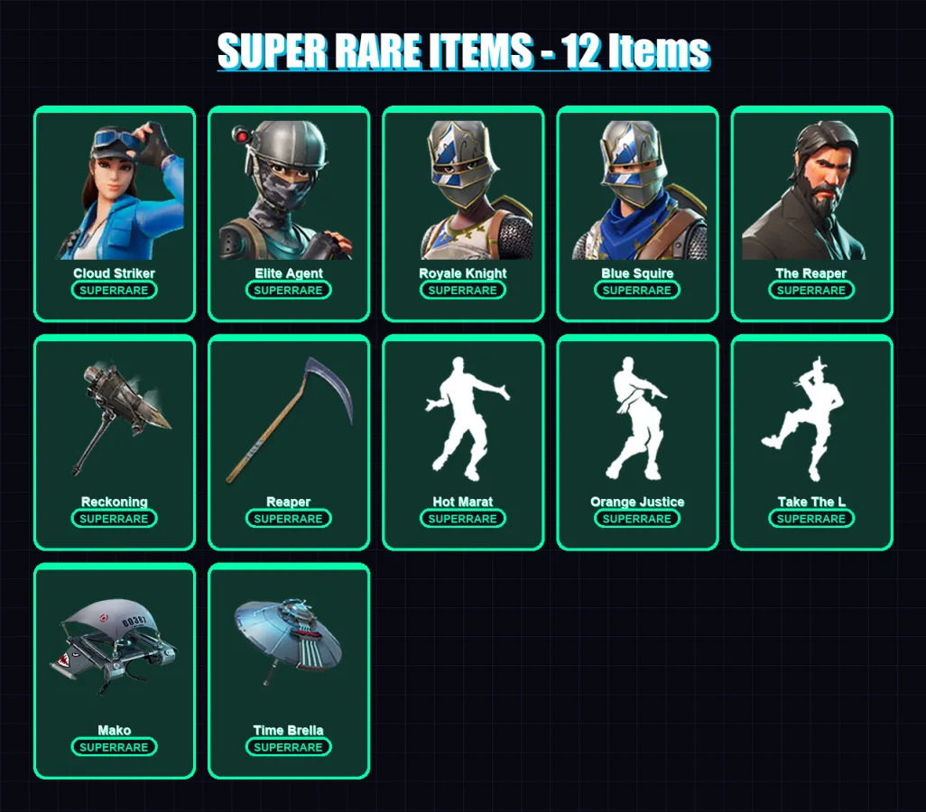 [PC/XBOX] | Cloud Striker | Elite Agent | Royale Knight | Blue Squire | The Reaper | 110 skin | 127 pickaxe | 101 emote | 121 glider | Lv1577