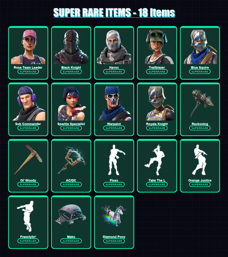 [PC/XBOX/PSN] | Rose Team Leader | Black Knight | Havoc | Trailblazer | Blue Squire | 64 skin | 125 pickaxe | 87 emote | 91 glider | Lv1552