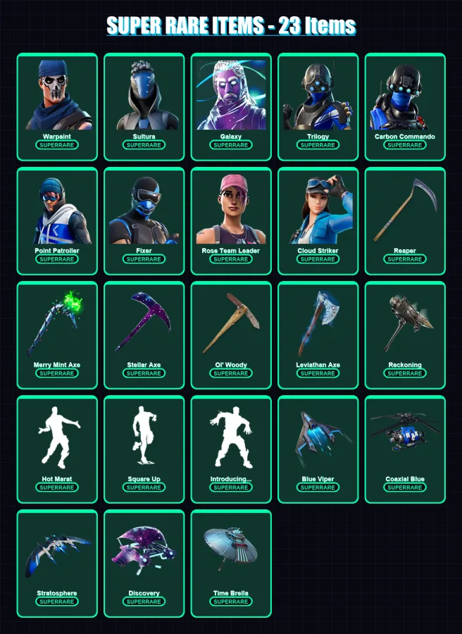 [PC] | Warpaint | Sultura | Galaxy | Trilogy | Carbon Commando | 277 skin | 301 pickaxe | 247 emote | 204 glider | Lv3692