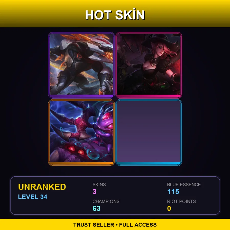 EUW | Lv34 | Unranked | 3 Skin | 63 Champ — LoL account