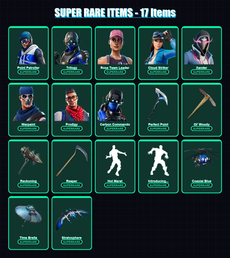 [PC/XBOX] | Point Patroller | Trilogy | Rose Team Leader | Cloud Striker | Xander | 106 skin | 95 pickaxe | 88 emote | 87 glider | Lv1184