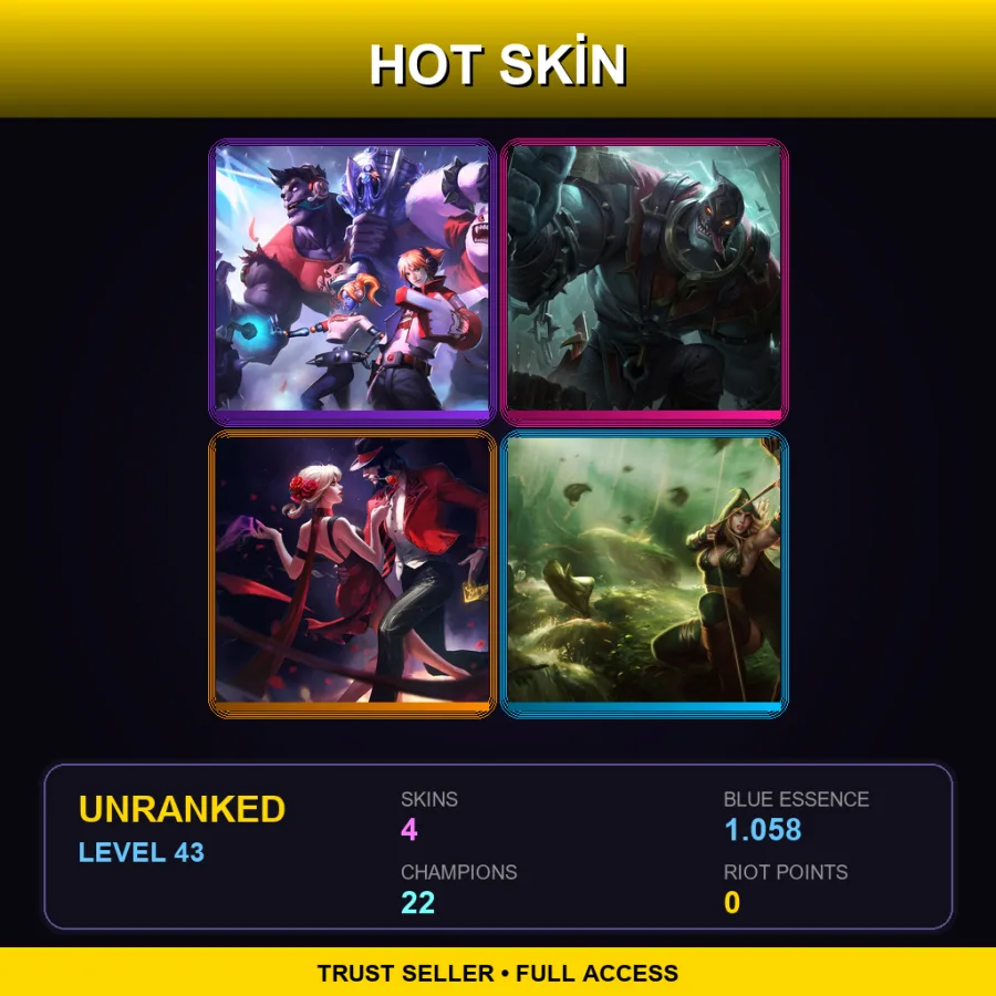 EUW | Lv43 | Unranked | 4 Skin | 22 Champ — LoL account