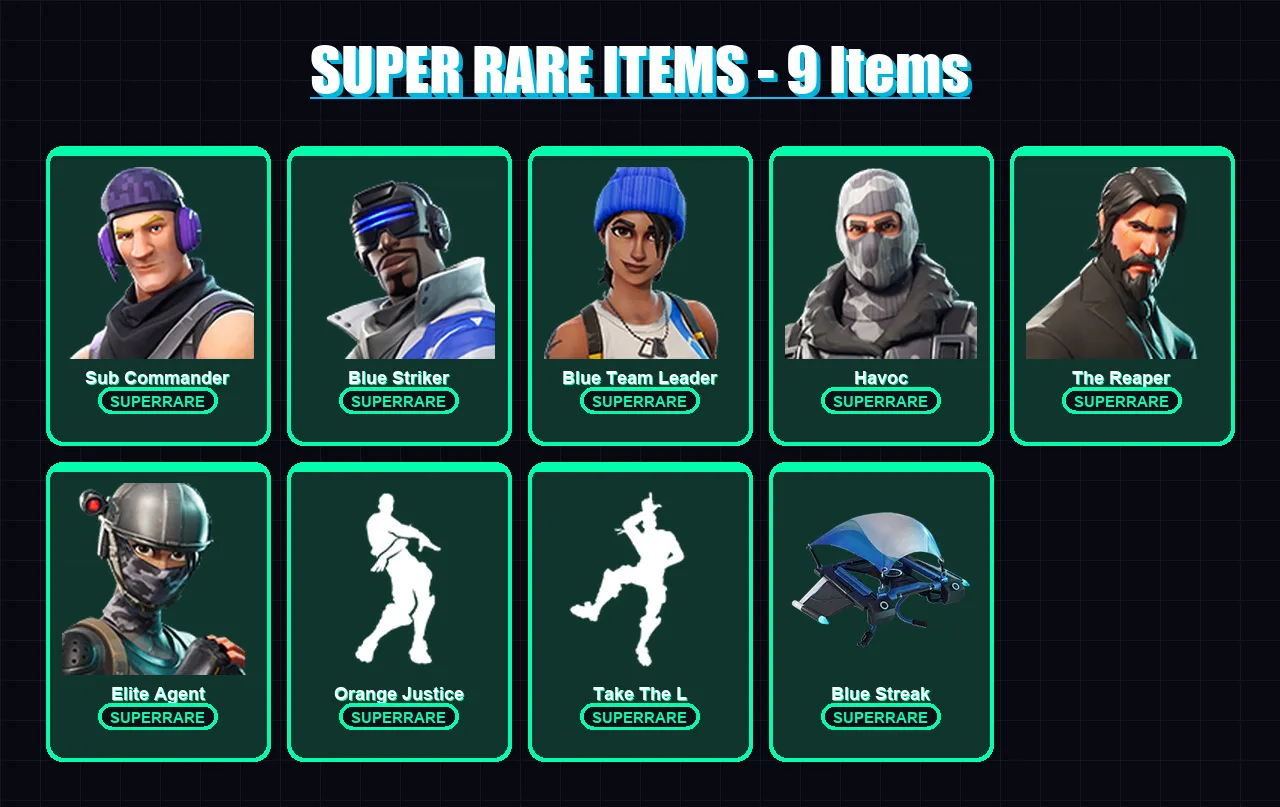 [PS4/PS5/XBOX/PC] | Sub Commander | Blue Striker | Blue Team Leader | Havoc | The Reaper | 27 skin | 21 pickaxe | 27 emote | 26 glider | Lv389