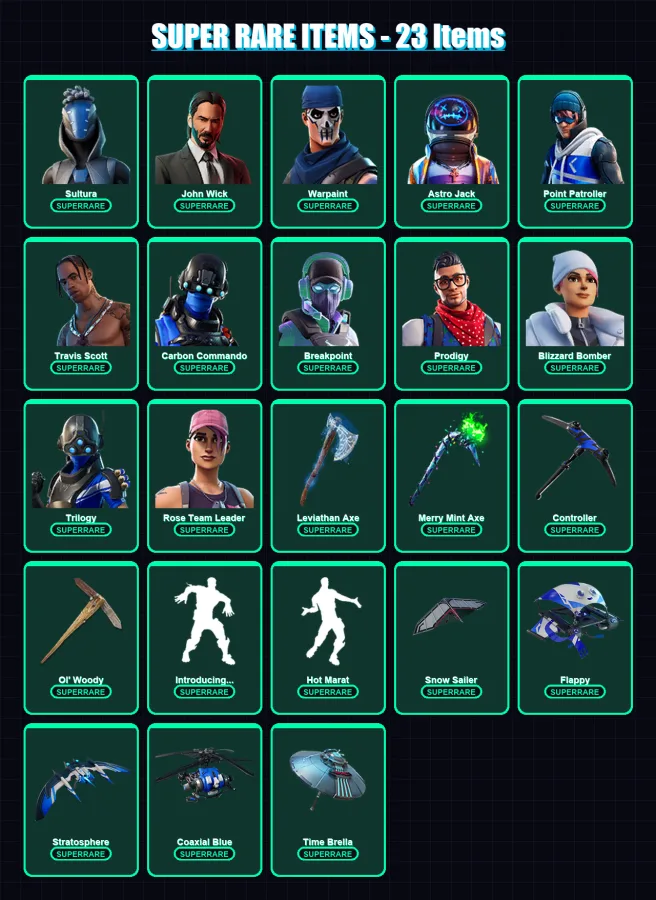 [PS4/PS5/XBOX/PC] | Sultura | John Wick | Warpaint | Astro Jack | Point Patroller | 157 skin | 141 pickaxe | 128 emote | 124 glider | Lv1788