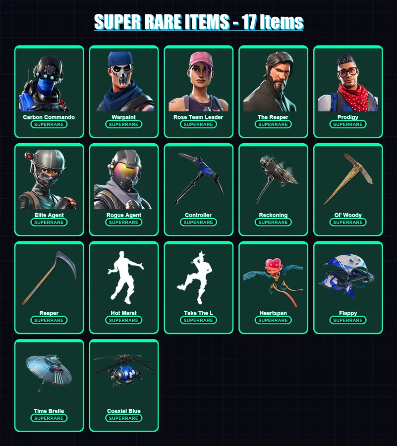 [PC/XBOX] | Carbon Commando | Warpaint | Rose Team Leader | The Reaper | Prodigy | 33 skin | 28 pickaxe | 58 emote | 40 glider | Lv430