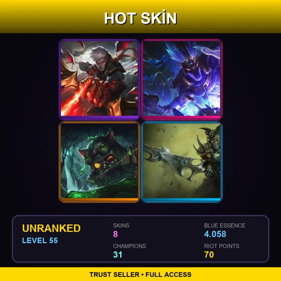 EUW | Lv55 | Unranked | 8 Skin | 31 Champ