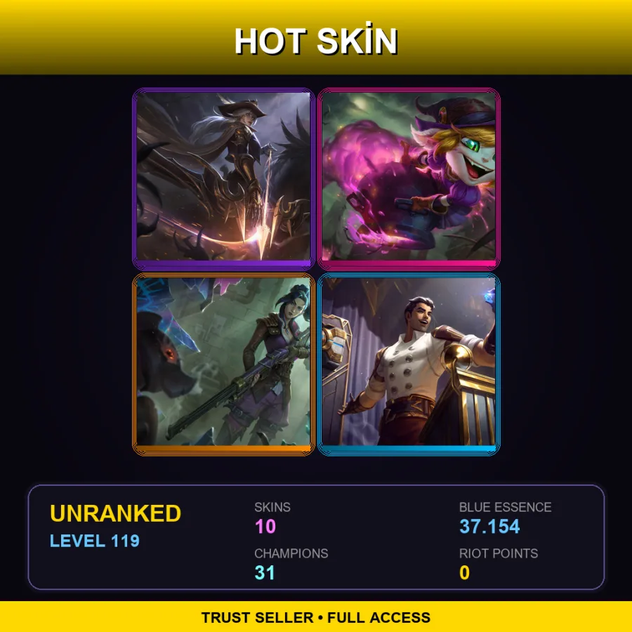 LAS | High Noon Ashe | Bewitching Tristana | Arcane Enforcer Caitlyn | Arcane Inventor Jayce | 10 Skin | 31 Champ | Lv119