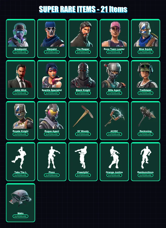 [PC/XBOX/PSN] | Breakpoint | Warpaint | The Reaper | Rose Team Leader | Blue Squire | 72 skin | 53 pickaxe | 64 emote | 61 glider | Lv770